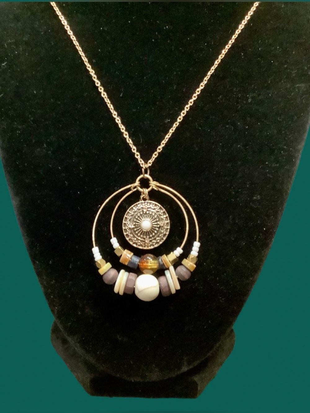 Bohemian Gold-Tone Multi Bead Pendant Necklace - Shades of Cream & Brown. NWT